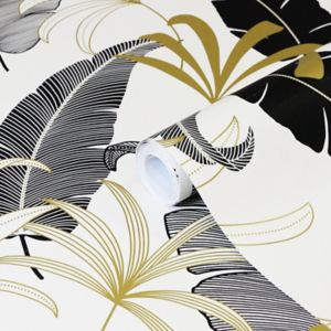 Image of GoodHome Selago Black & white Leaf Gold effect Smooth Wallpaper