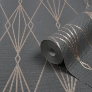 Image of GoodHome Ajuga Charcoal Art deco Rose gold effect Textured Wallpaper