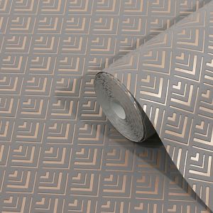 Image of GoodHome Ficus Grey Art deco Gold effect Textured Wallpaper