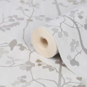 Image of GoodHome Bromus Cream Floral Metallic effect Textured Wallpaper