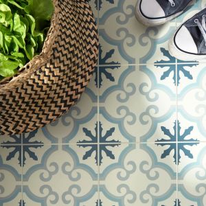 Image of Hydrolic Blue Matt Flower Concrete Porcelain Floor tile Pack of 25 (L)200mm (W)200mm