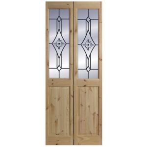 Image of 4 panel 2 Lite Frosted Glazed Knotty pine Internal Bi-fold Door set (H)2005mm (W)715mm