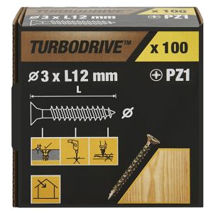 Image of TurboDrive Yellow zinc-plated Steel Wood Screw (Dia)3mm (L)12mm Pack of 100