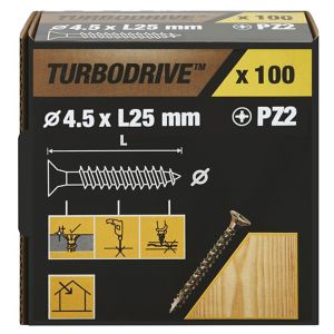 Image of TurboDrive Yellow zinc-plated Steel Wood Screw (Dia)4.5mm (L)25mm Pack of 100