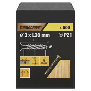 Image of TurboDrive Yellow zinc-plated Steel Wood Screw (Dia)3mm (L)30mm Pack of 500