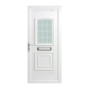 Image of B&Q Ashgrove 2 panel Diamond bevel Frosted Glazed White uPVC RH External Front Door set (H)2055mm (W)920mm