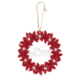 Image of Felt Red Merry Christmas poinsettia wreath Decoration