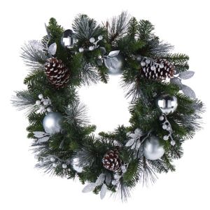 Image of 50cm Silver effect Berry & pine cone Wreath