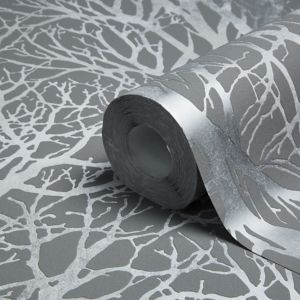 Image of A.S. Creation Life Grey Tree Silver effect Textured Wallpaper