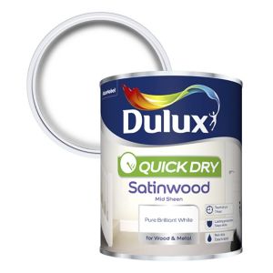Image of Dulux Quick dry Pure brilliant white Satinwood Metal & wood paint 0.75L