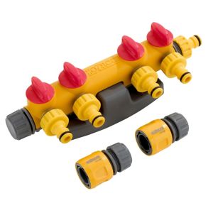 Image of Hozelock Grey red & yellow 4-way hose pipe connector