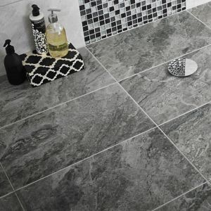 Image of Haver Anthracite Matt Travertine effect Ceramic Wall & floor tile Pack of 6 (L)600mm (W)300mm