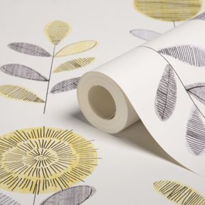 Image of Graham & Brown Superfresco Grey & yellow Flower sketch Smooth Wallpaper