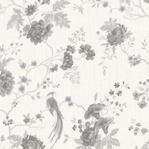 Image of Graham & Brown Julien Macdonald Exotica White Floral & birds Silver effect Textured Wallpaper