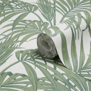 Image of Graham & Brown Julien Macdonald Honolulu Palm green Foliage Glitter effect Embossed Wallpaper