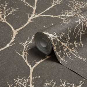 Image of Graham & Brown Brown Icy trees Gold effect Textured Wallpaper