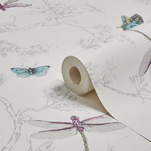 Image of Graham & Brown Contour White Nature trail Silver effect Embossed Wallpaper