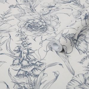 Image of Graham & Brown Superfresco Easy Navy Illustrative floral Mica effect Smooth Wallpaper