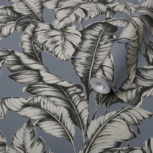 Image of Graham & Brown Boutique Petrol blue Leaves Gold effect Textured Wallpaper