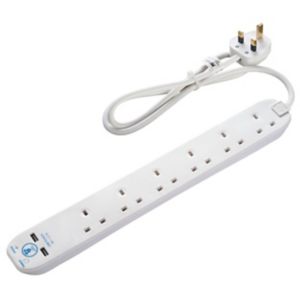 Image of Masterplug White 13A 6 socket Extension lead with USB 1m