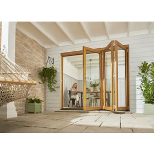 Image of Jeld-Wen Kinsley Clear Glazed Golden Oak Reversible External Folding Patio Door set (H)2094mm (W)2994mm