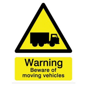 Image of Warning beware of moving vehicles Self-adhesive labels (H)200mm (W)150mm