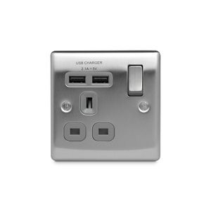Image of British General Brushed Steel effect Single USB socket 2 x 2.1A USB