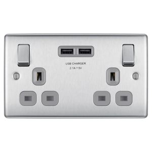 Image of British General Brushed Steel effect Double USB socket 2 x 2.1A USB