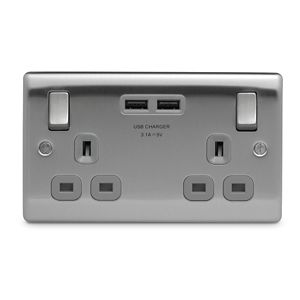 Image of British General Brushed Steel effect Double USB socket 2 x 3.1A USB