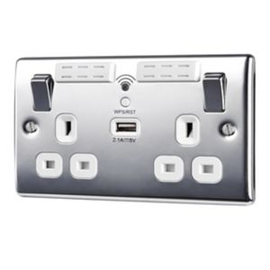 Image of British General 13A Chrome effect Switched Double USB socket & Wifi extender