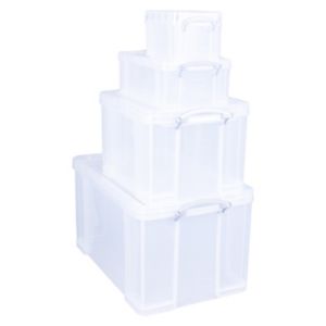 Image of Really Useful Bonus Pack Heavy duty Clear 131L Plastic Small medium & XL Stackable Storage box Pack of 4