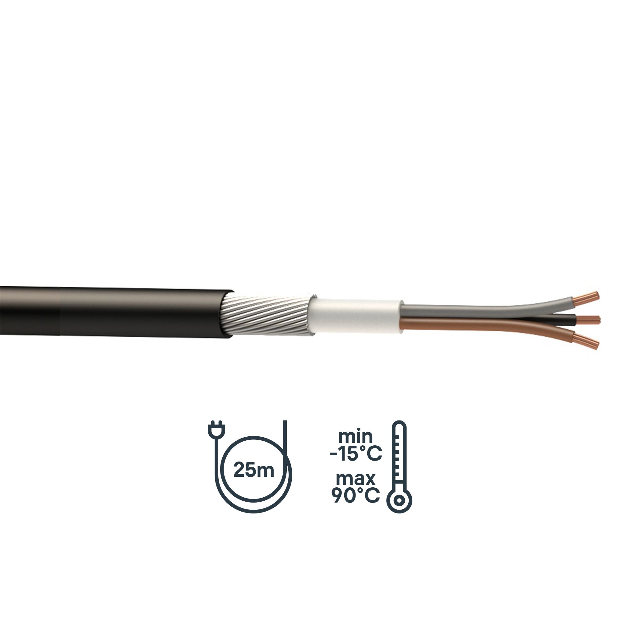 Prysmian Black 3-core Armoured Cable 1.5mm² x 25m