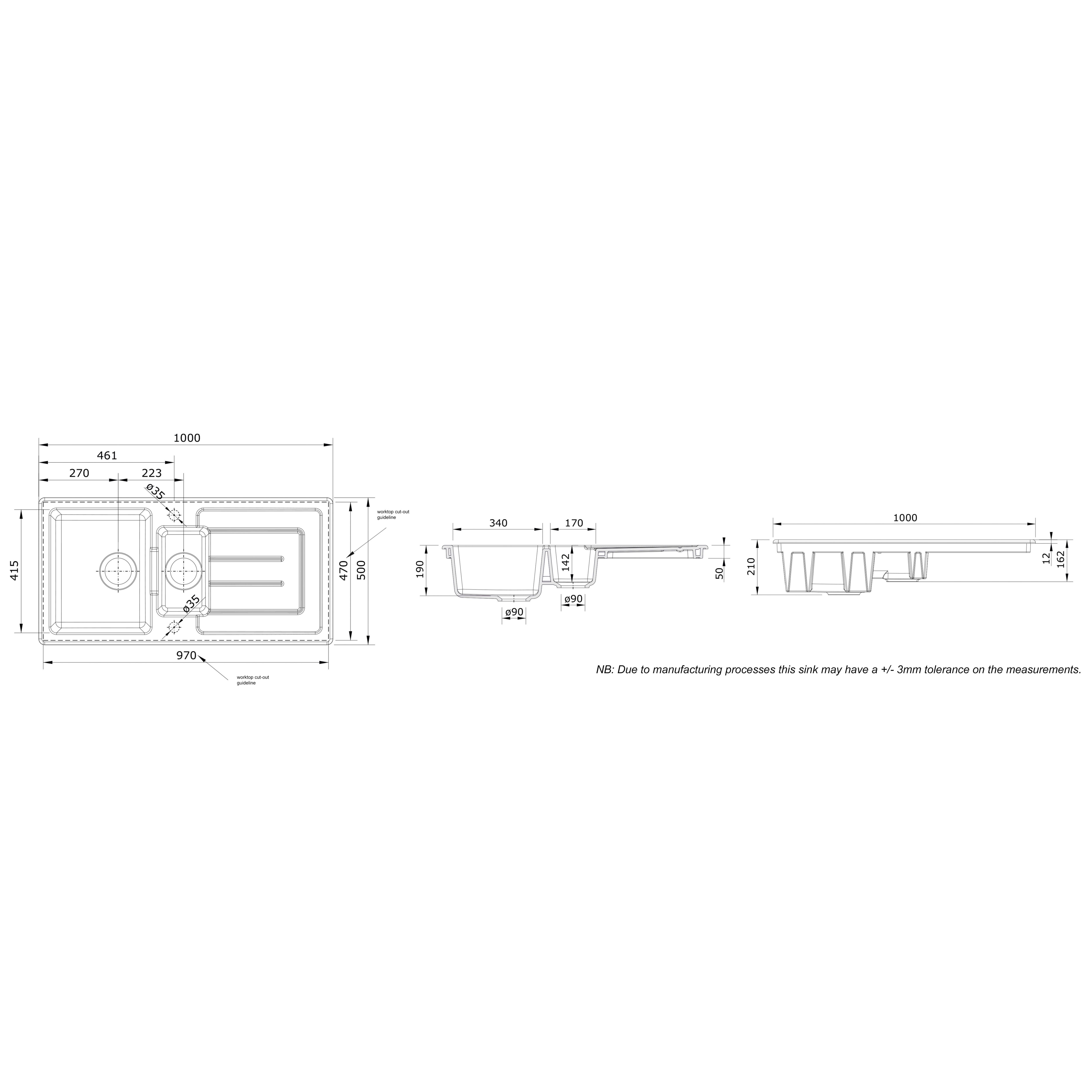 Rangemaster Austell White Ceramic 1.5 Bowl Sink 500mm x 1000mm