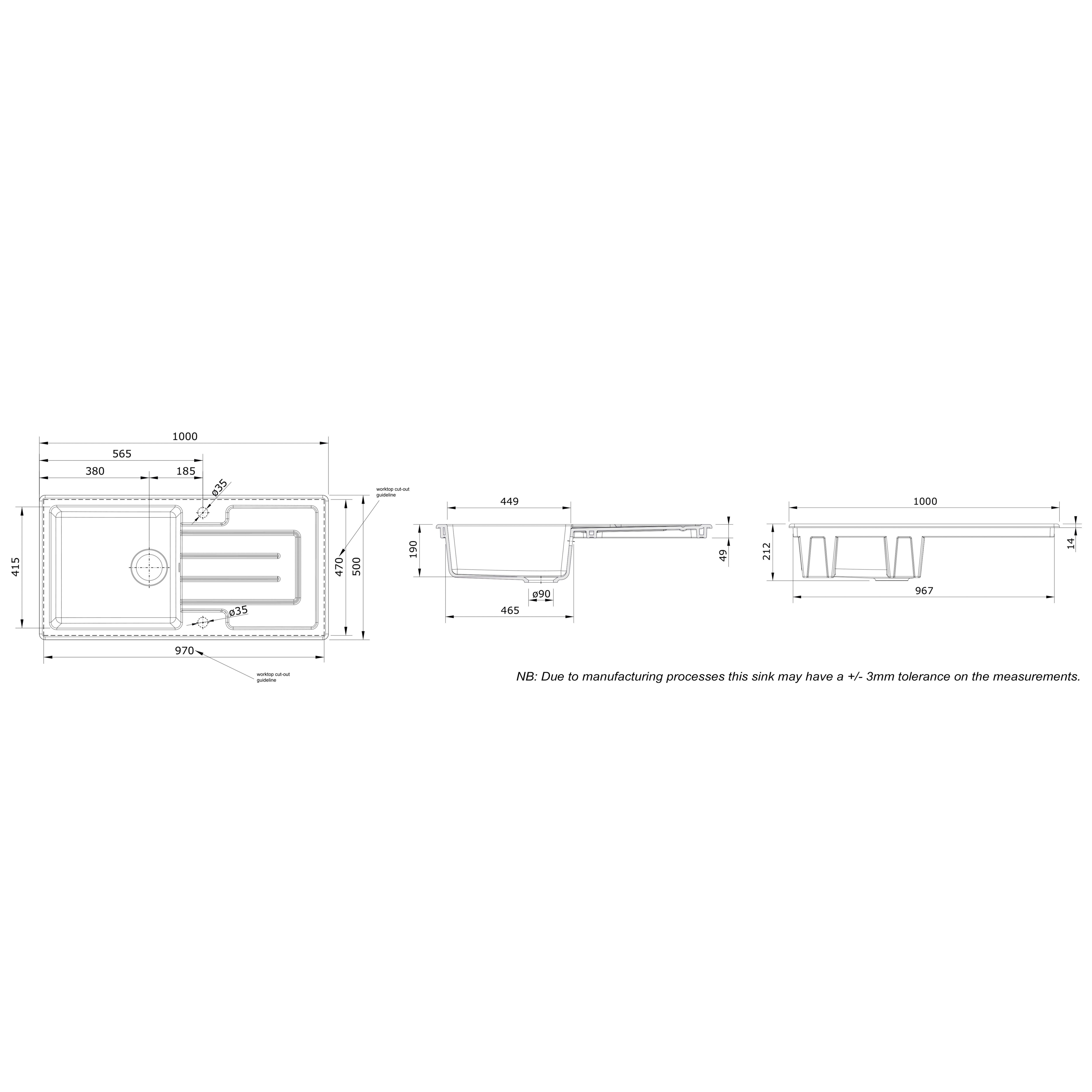 Rangemaster Austell White Ceramic 1 Bowl Sink 500mm x 1000mm