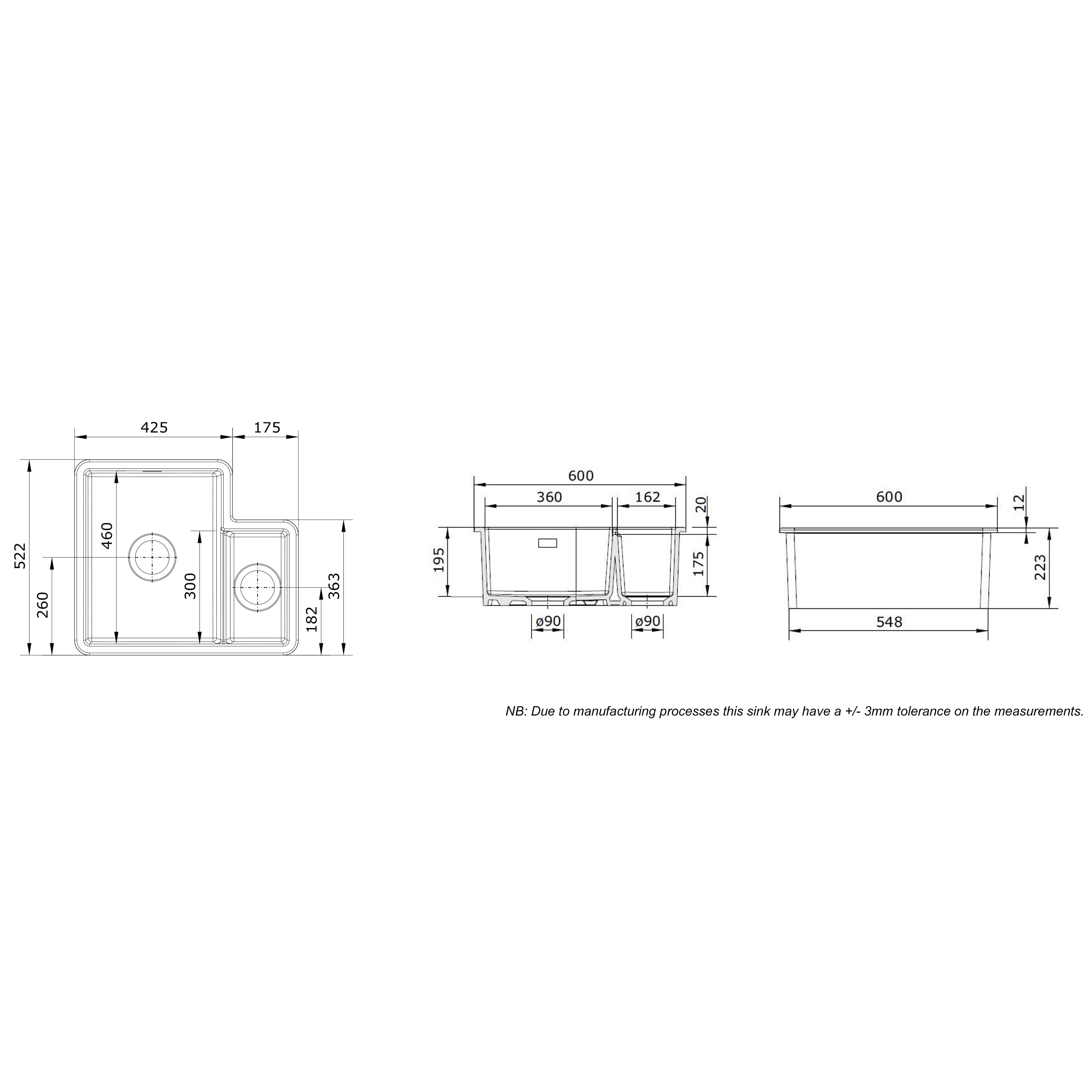 Rangemaster Rustique White Ceramic 1.3 Bowl Sink 522mm x 595mm
