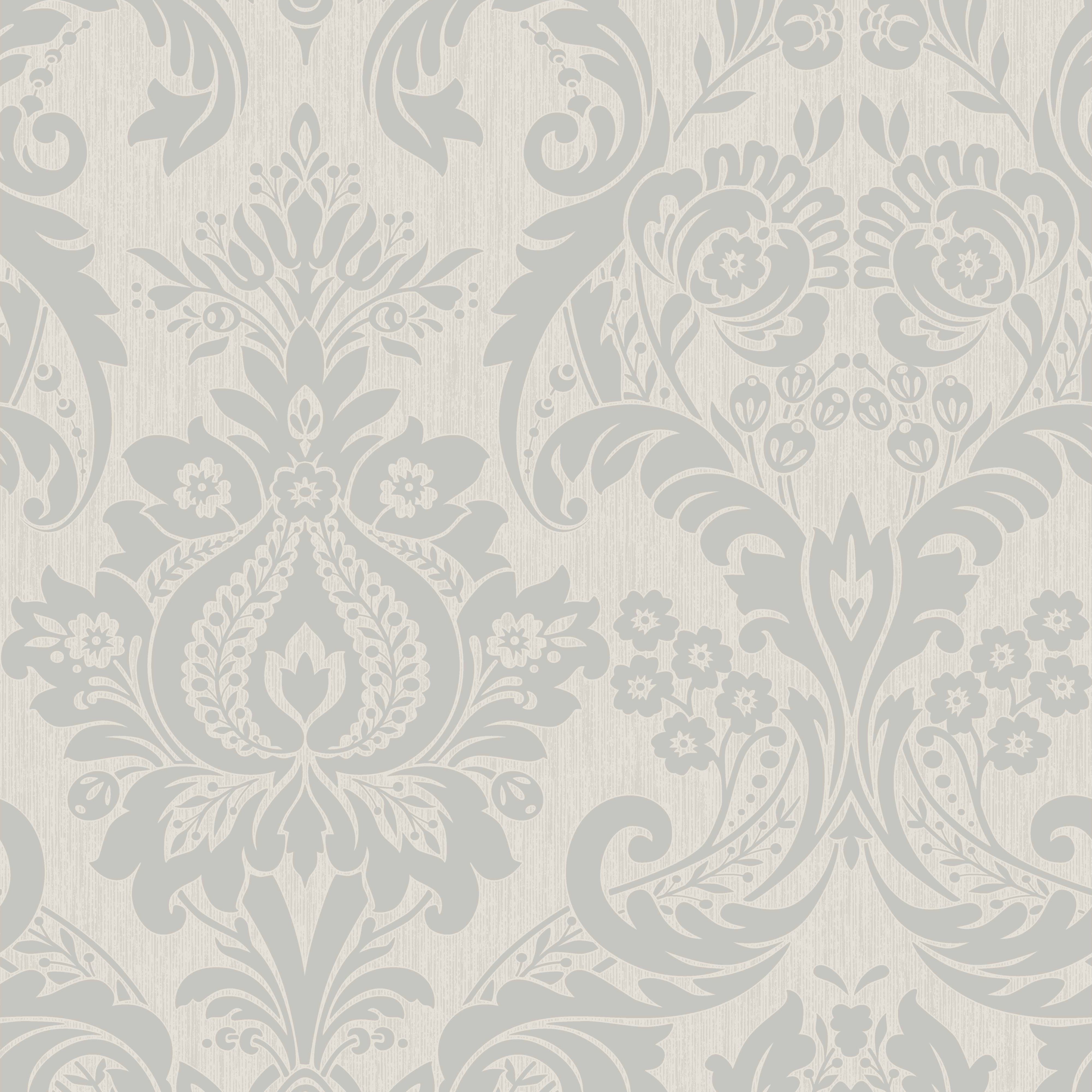 Rao Grey Silver effect Damask Textured Wallpaper