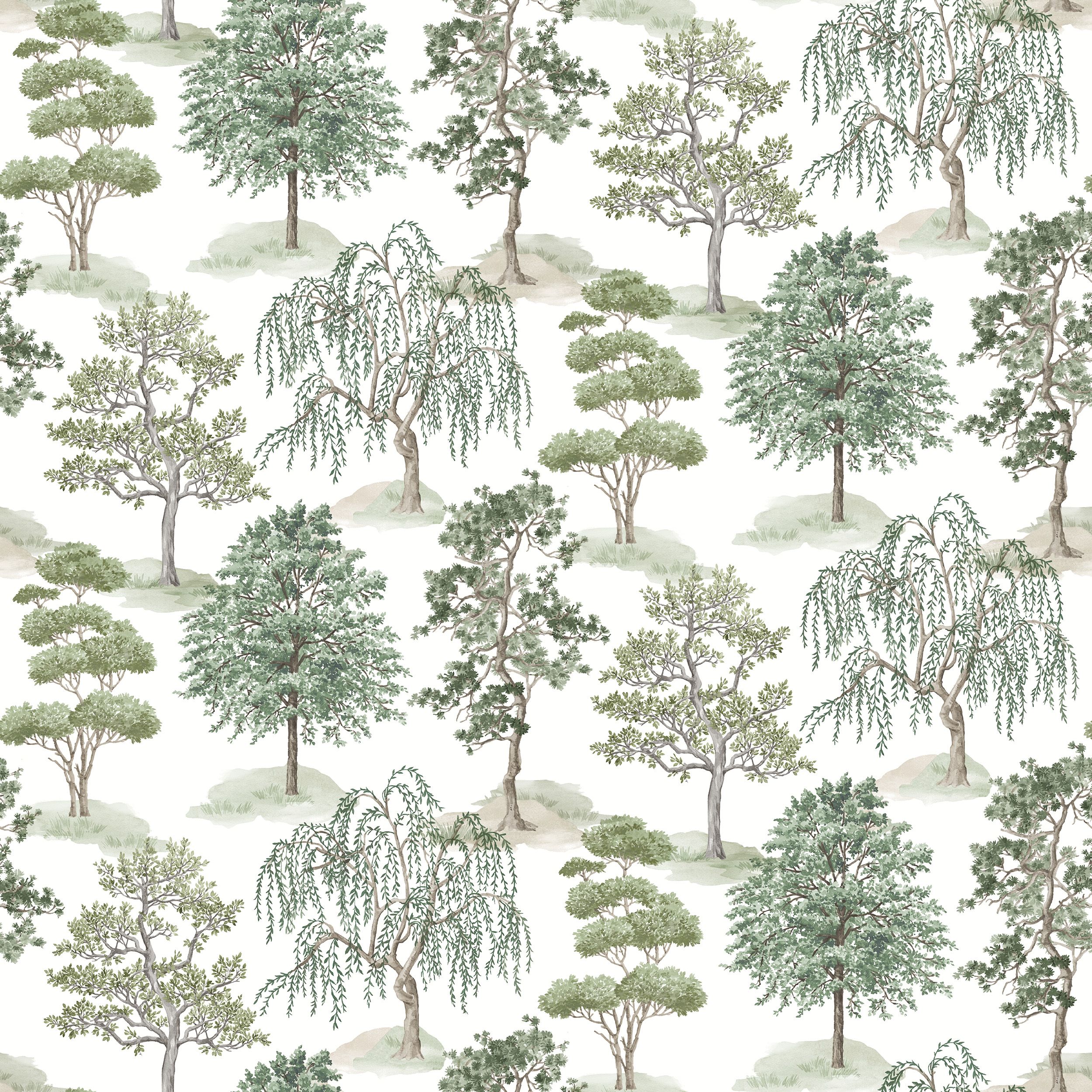 Rasch Cotswold Green Water coloured effect Trees Smooth Wallpaper