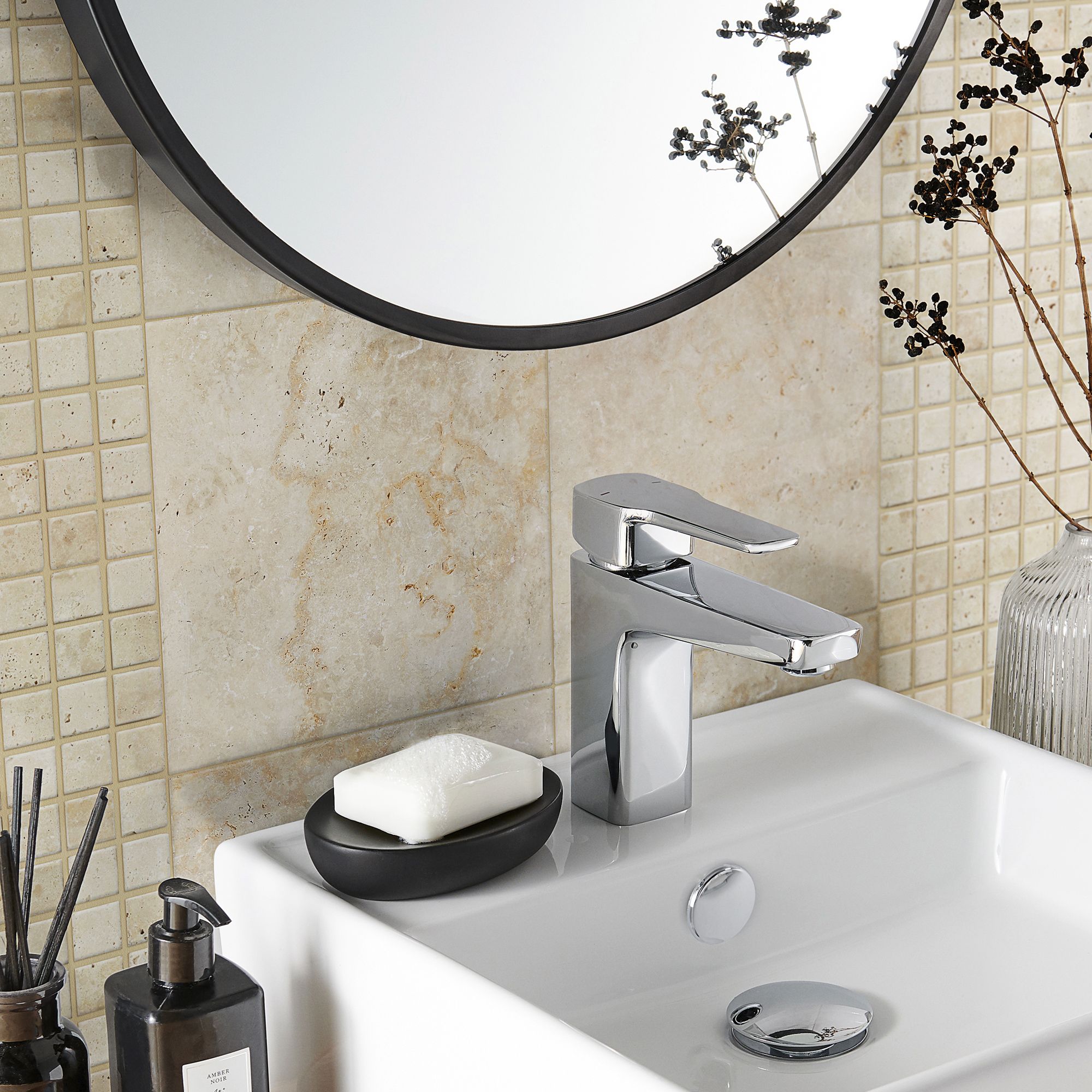 Real tumbled travertine Beige Natural stone 2x2 Mosaic tile sheet, (L)305mm (W)305mm