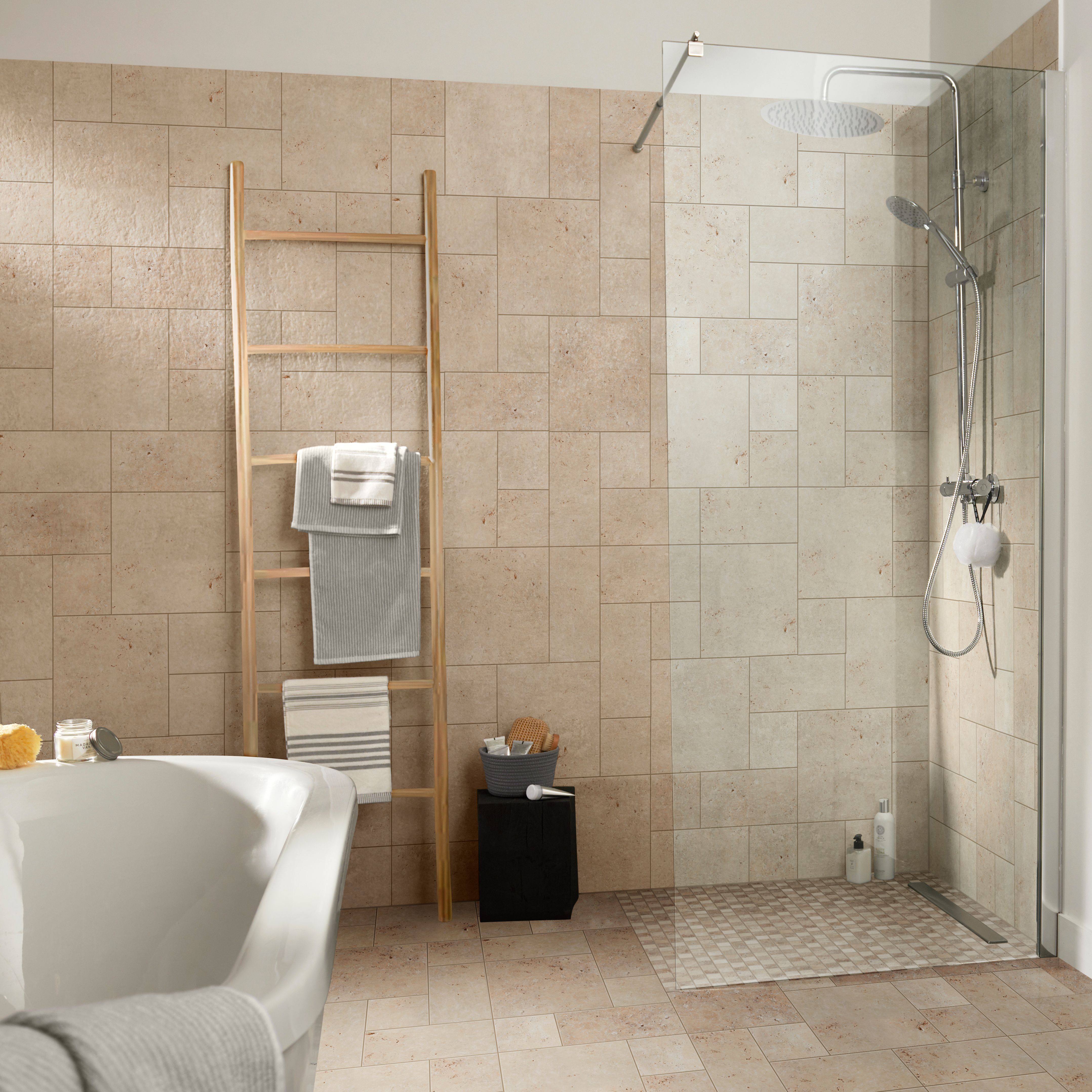 Real tumbled travertine Beige Natural stone 3x3 Mosaic tile sheet, (L)305mm (W)305mm