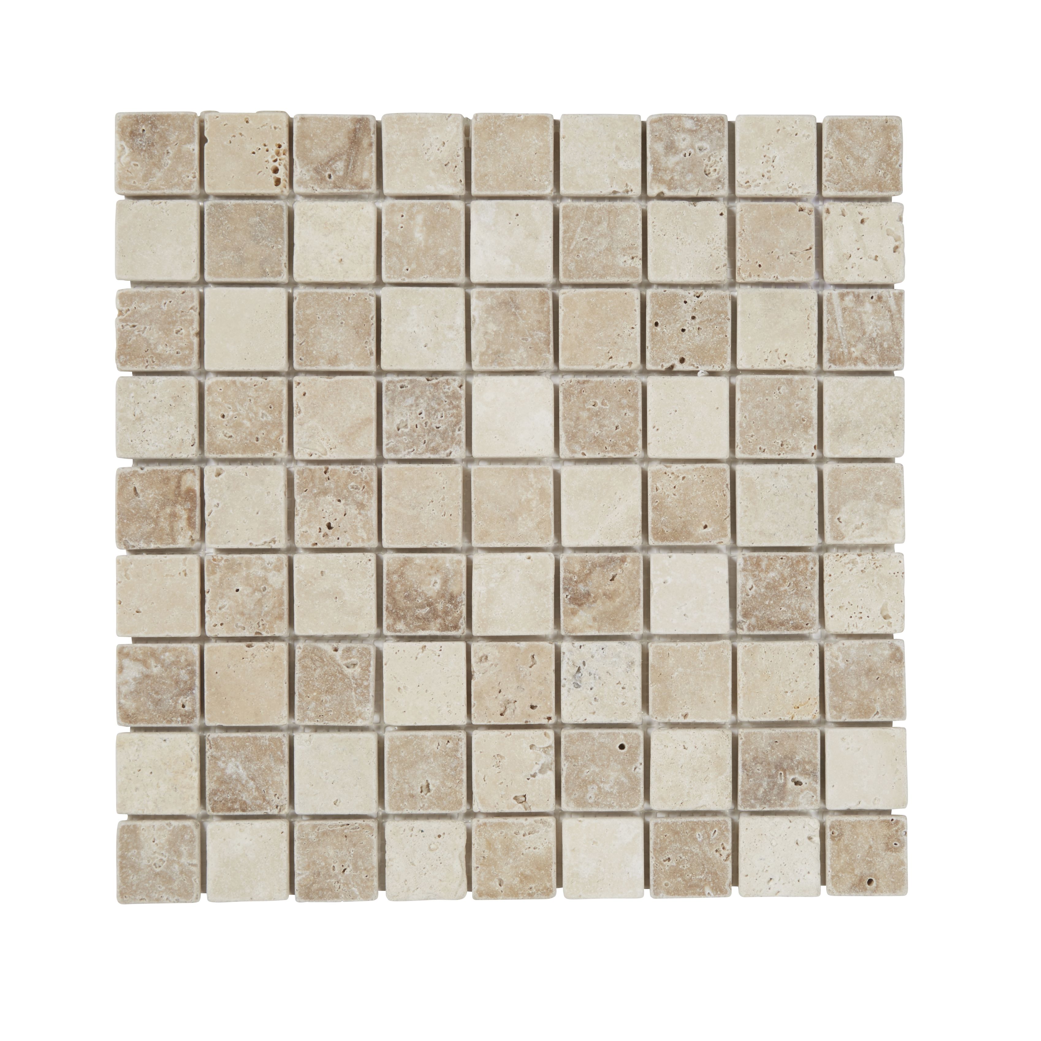 Real tumbled travertine Beige Natural stone 3x3 Mosaic tile sheet, (L)305mm (W)305mm