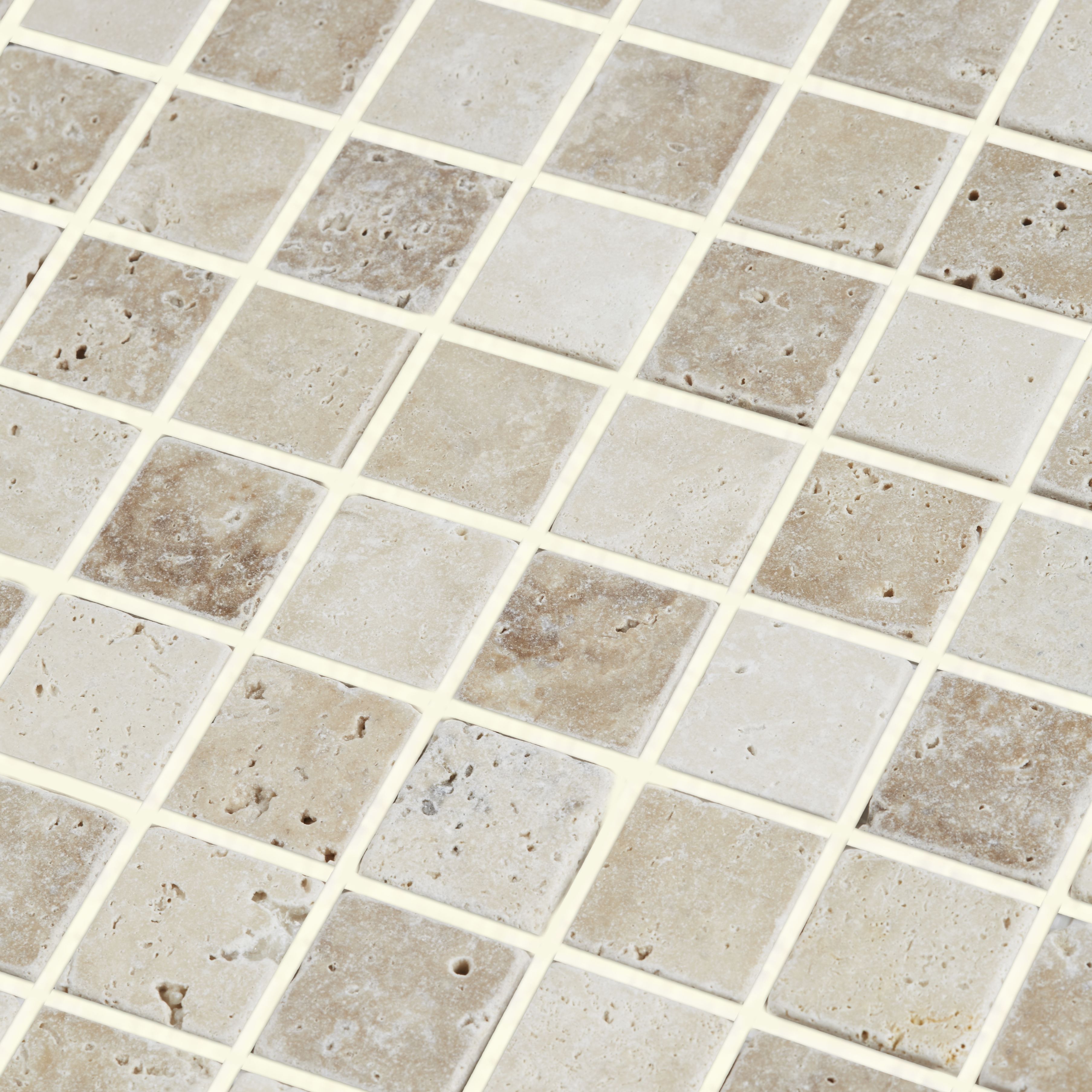 Real tumbled travertine Beige Natural stone 3x3 Mosaic tile sheet, (L)305mm (W)305mm