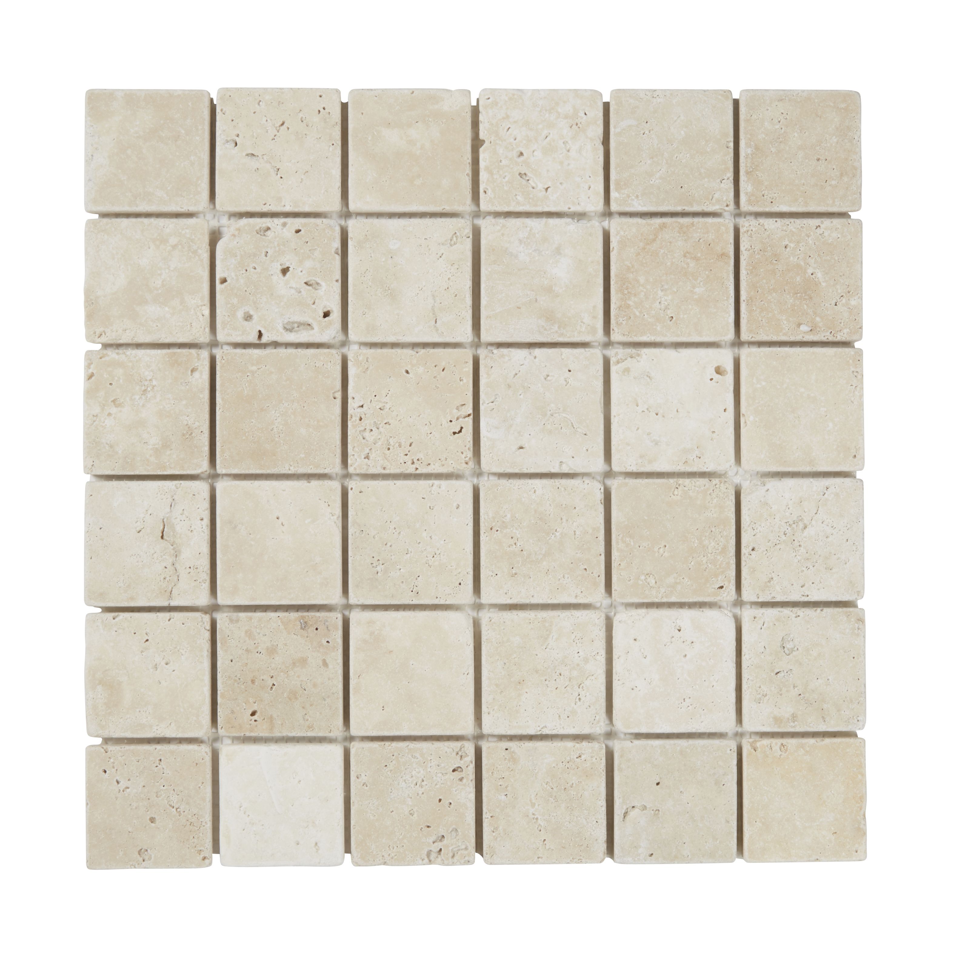 Real tumbled travertine Beige Natural stone 5x5 Mosaic tile sheet, (L)305mm (W)305mm