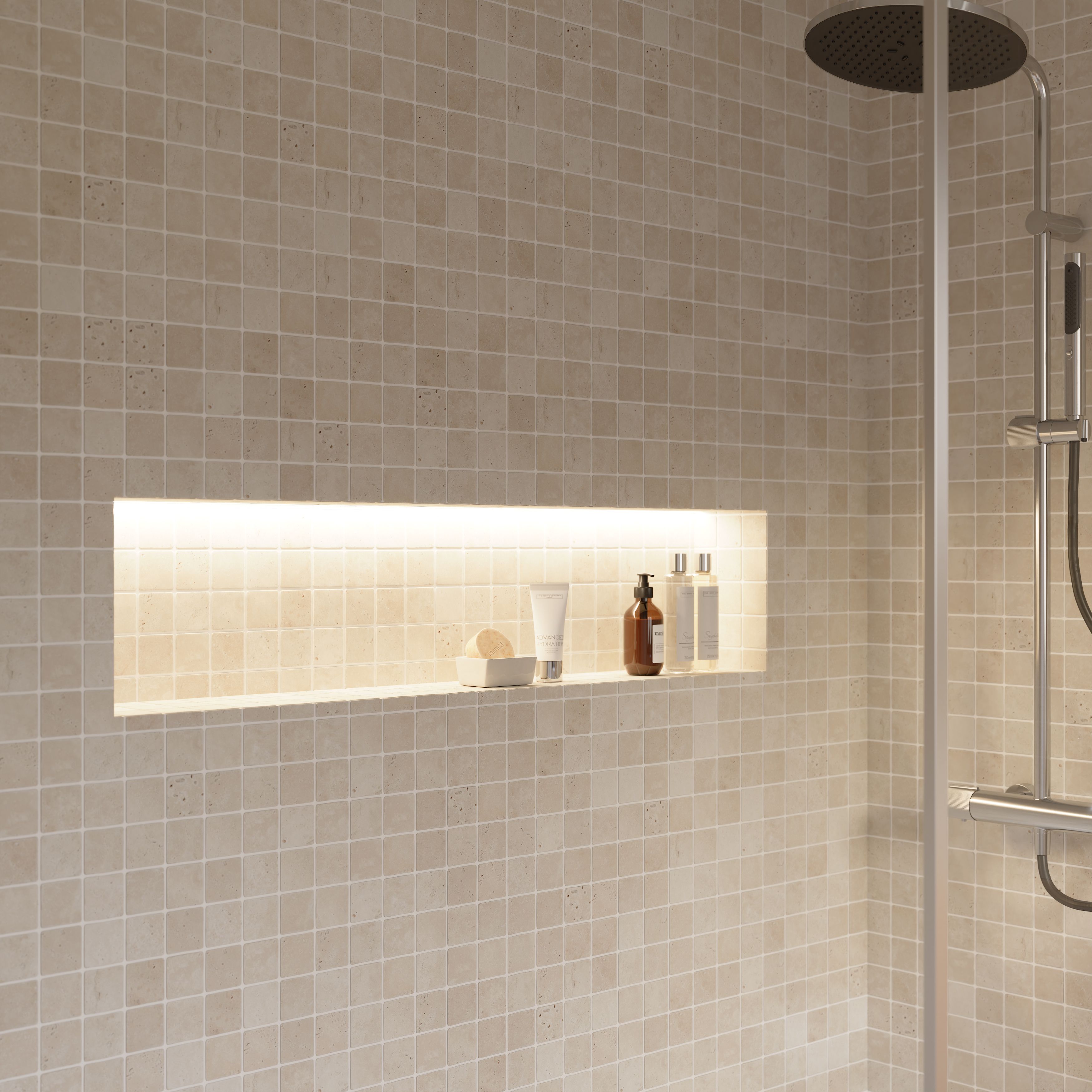 Real tumbled travertine Beige Natural stone 5x5 Mosaic tile sheet, (L)305mm (W)305mm