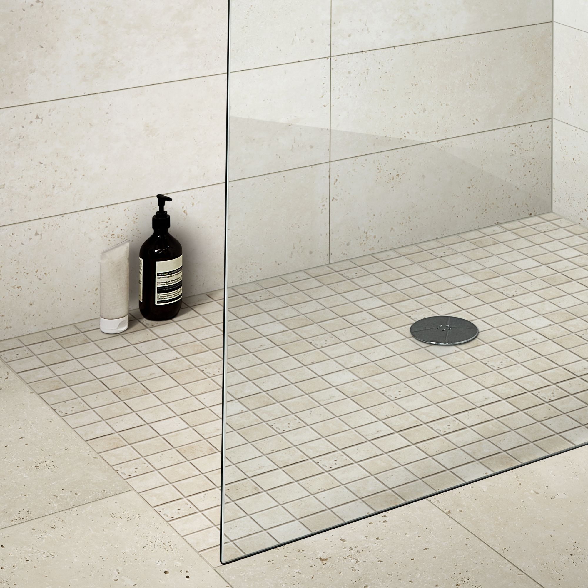 Real tumbled travertine Beige Natural stone 5x5 Mosaic tile sheet, (L)305mm (W)305mm
