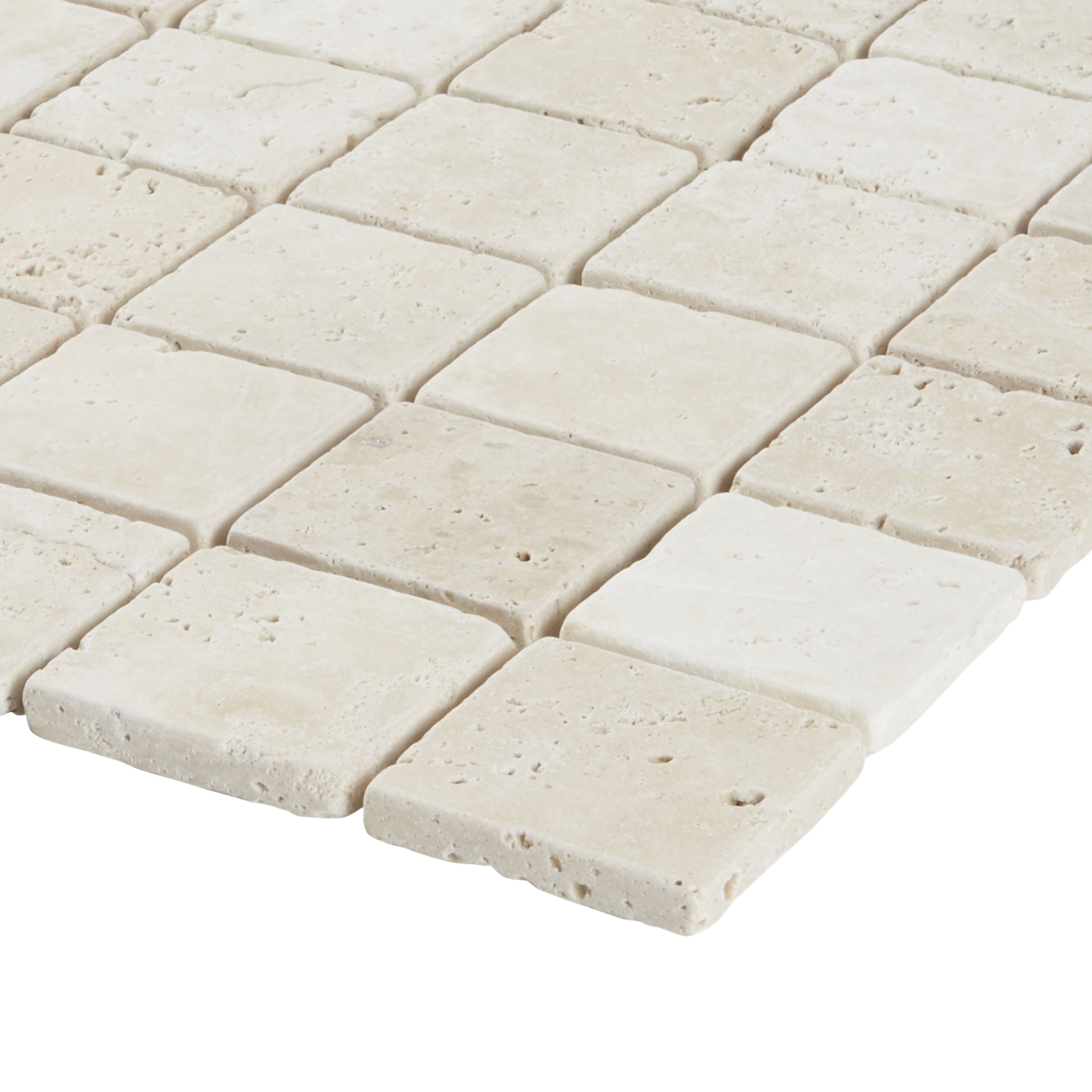 Real tumbled travertine Beige Natural stone 5x5 Mosaic tile sheet, (L)305mm (W)305mm