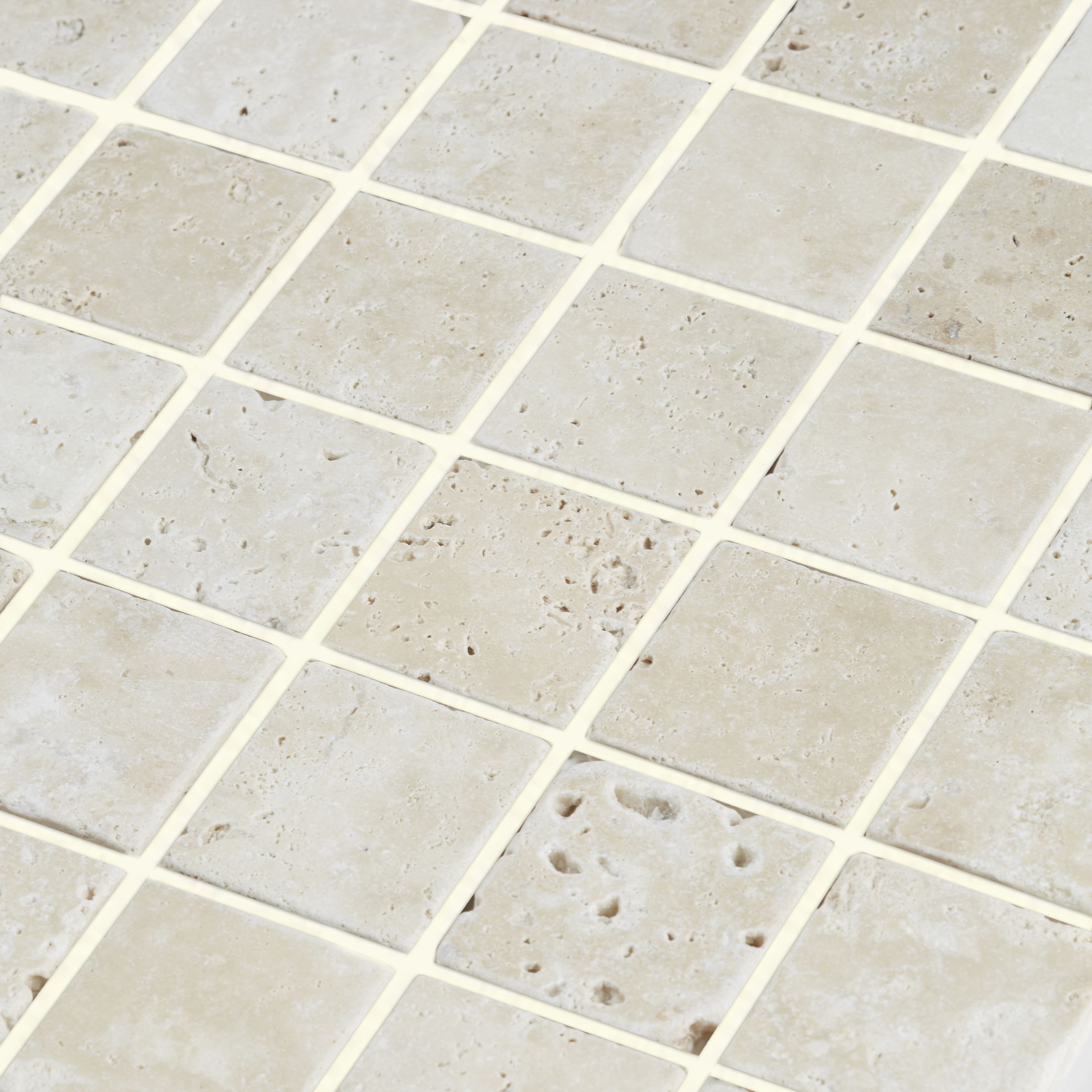 Real tumbled travertine Beige Natural stone 5x5 Mosaic tile sheet, (L)305mm (W)305mm