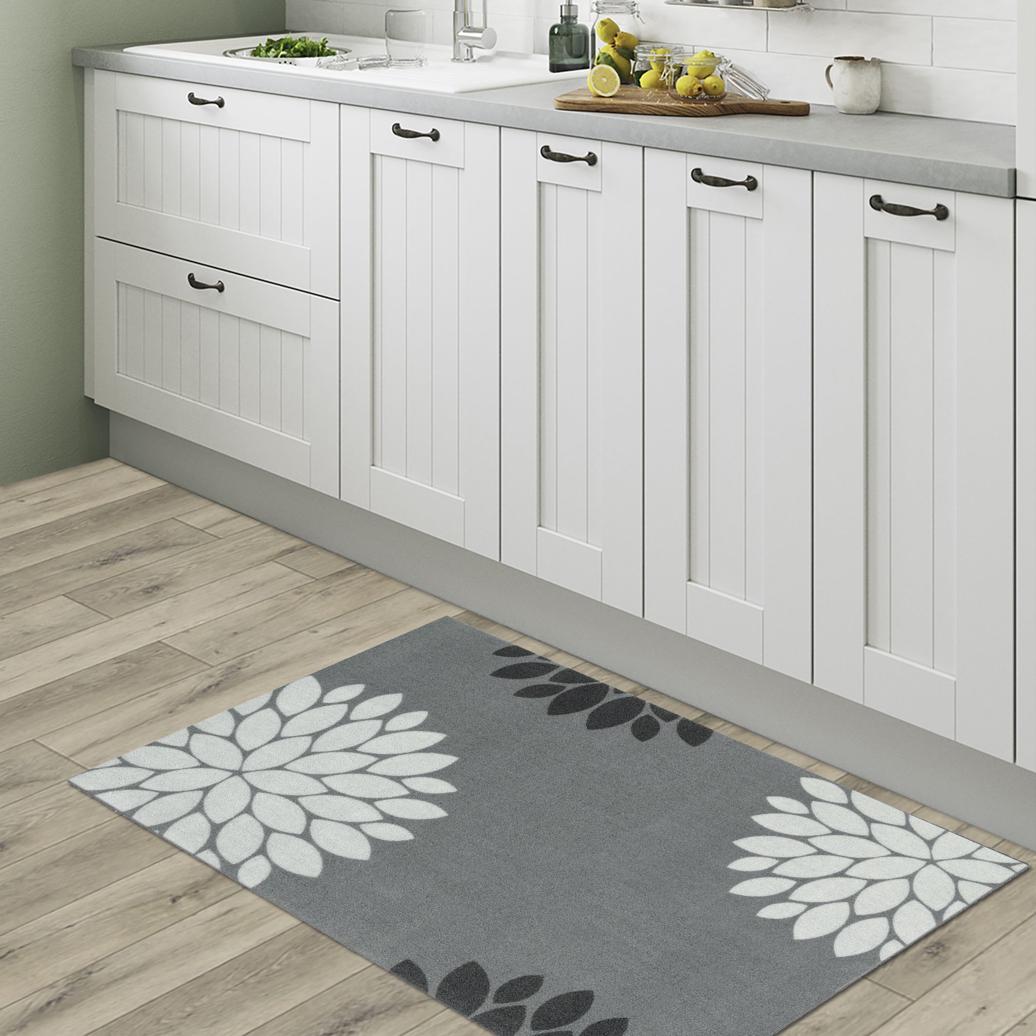 Recylon Grey Floral Heavy duty Mat, 120cm x 67cm