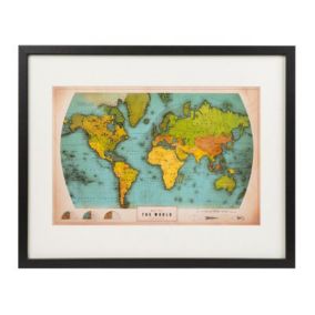 Retro world map Black Framed print (H)430mm (W)530mm