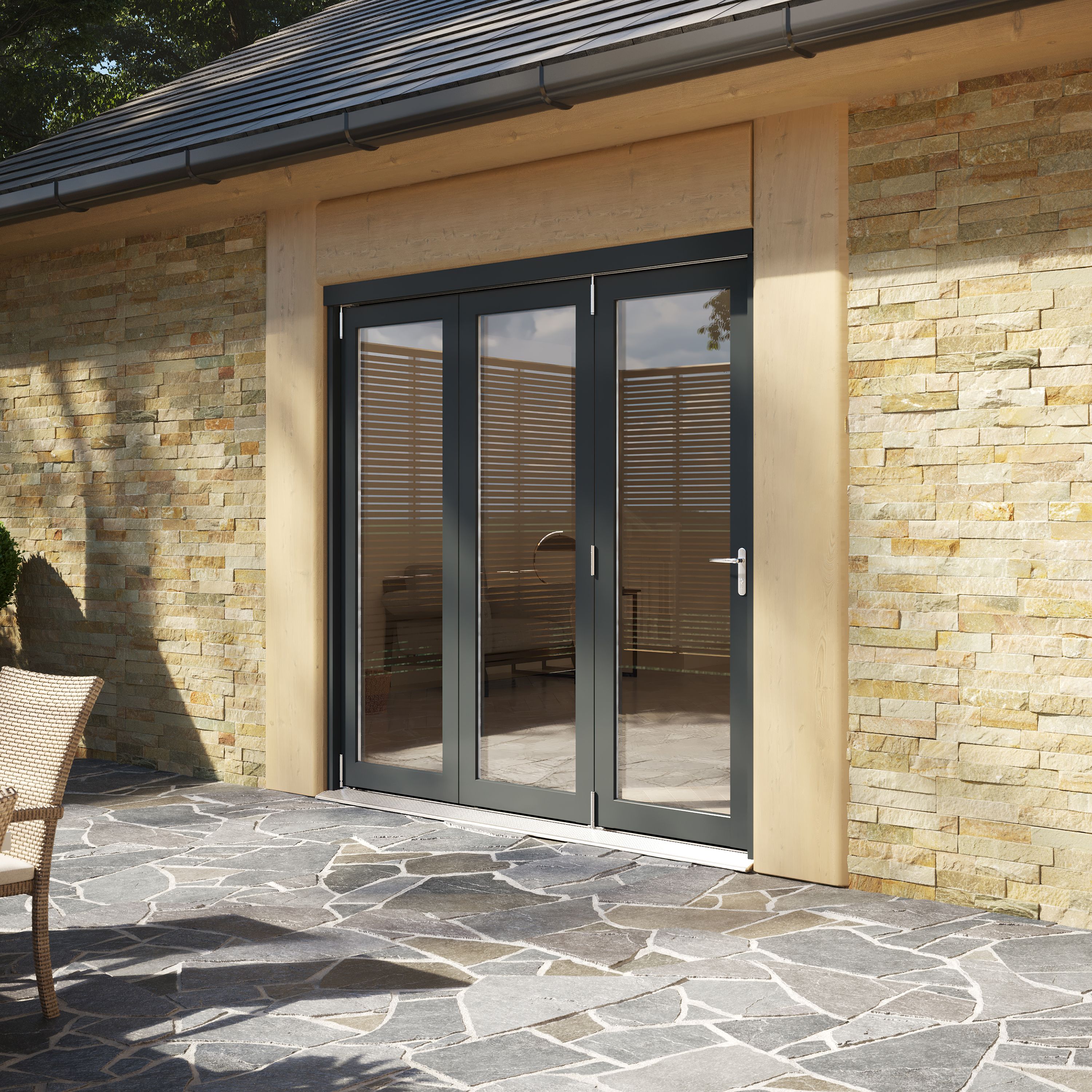 Rohden Clear Fully glazed Anthracite Grey Timber External Contemporary 3 Patio Bi-folding door, (H)2090mm (W)2090mm