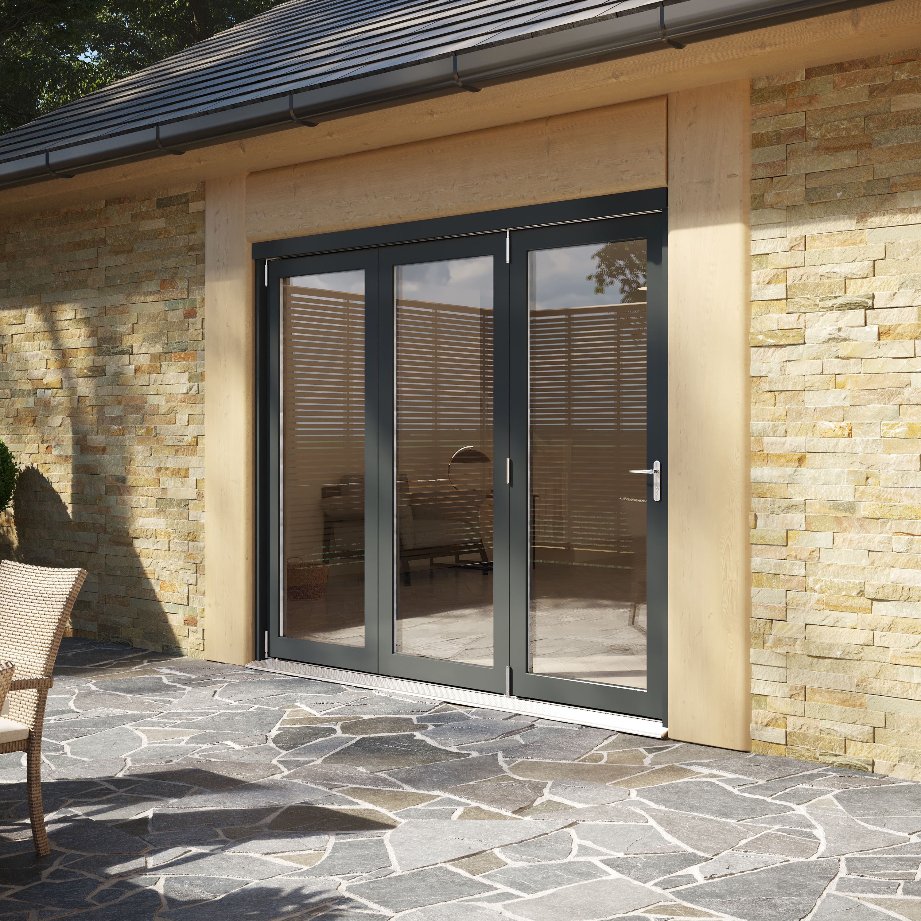 Rohden Clear Fully glazed Anthracite Grey Timber External Contemporary 3 Patio Bi-folding door, (H)2090mm (W)2390mm
